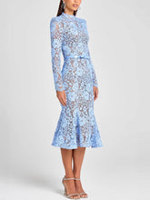 Elegant Lace Belted Long Sleeve Mermaid Midi Dress